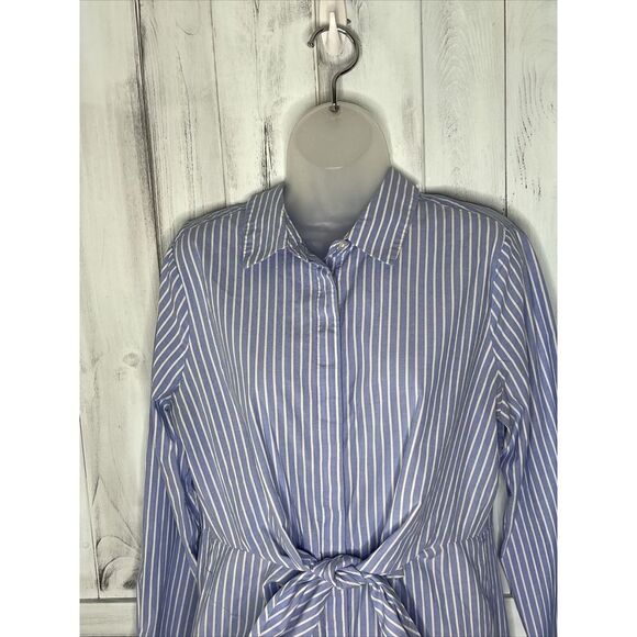 CALVIN KLEIN BLUE WHITE STRIPED LONG SLEEVE BUTTON UP TIE COTTON SHIRT DRESS 6? - Picture 3 of 15